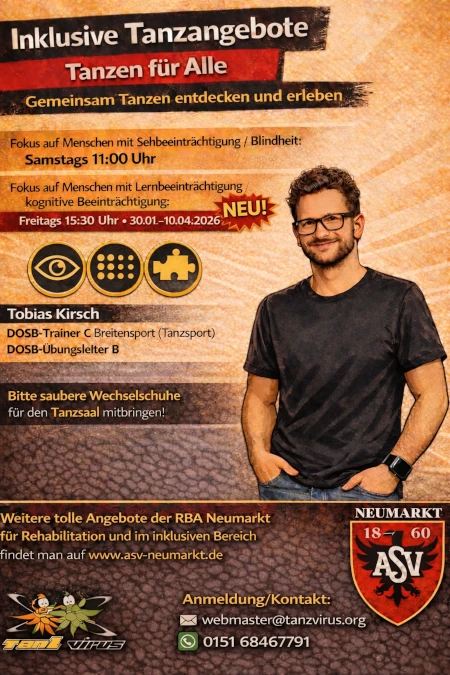 Flyer: Tanzangebot mit blinden und sehbeeinträchtigten Menschen in Neumarkt - Samstag 11 Uhr, inklusives Tanzen mit dem DTV-zertifizierten Trainer Tobias Kirsch