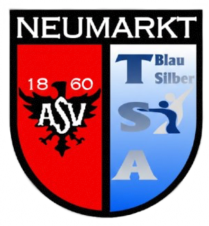 Logo der Tanzsportabteilung des ASV in roten Hintergrund und schwarzen Adler links für ASV und rechts blau und silber mit stilisierten Tanzpaar